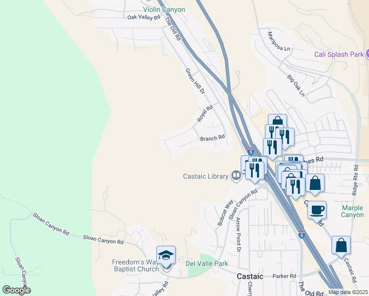 map of restaurants, bars, coffee shops, grocery stores, and more near 28242 Branch Road in Castaic