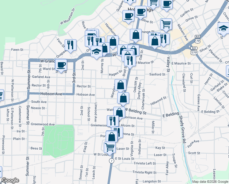 map of restaurants, bars, coffee shops, grocery stores, and more near 205 Maryland Street in Hot Springs