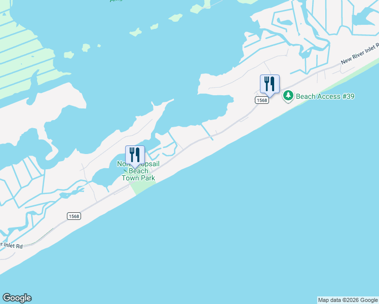 map of restaurants, bars, coffee shops, grocery stores, and more near 592 New River Inlet Road in North Topsail Beach