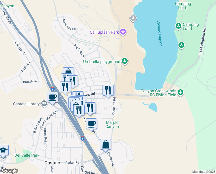 map of restaurants, bars, coffee shops, grocery stores, and more near 27505 Jasper Way in Castaic