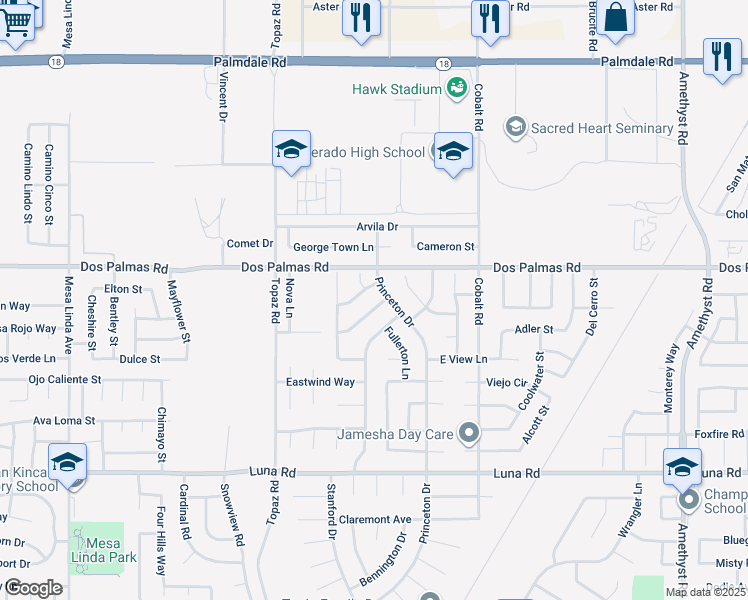 map of restaurants, bars, coffee shops, grocery stores, and more near 13076 Glendale Place in Victorville