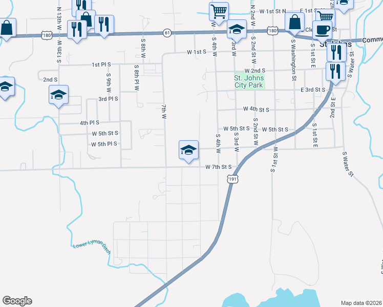 map of restaurants, bars, coffee shops, grocery stores, and more near 600-698 5th W in St Johns