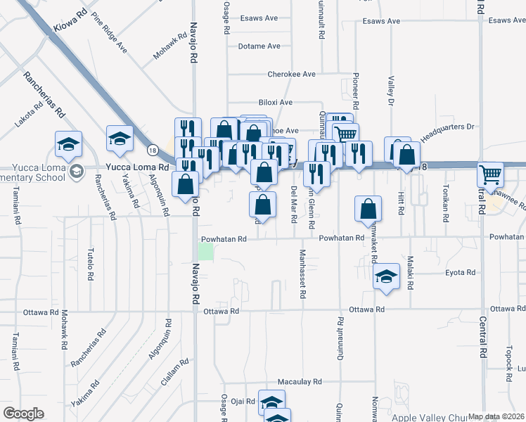 map of restaurants, bars, coffee shops, grocery stores, and more near 13631 Pawnee Road in Apple Valley