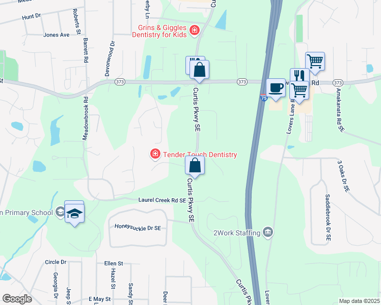 map of restaurants, bars, coffee shops, grocery stores, and more near 326 Curtis Parkway Northeast in Calhoun