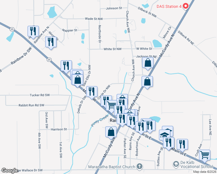 map of restaurants, bars, coffee shops, grocery stores, and more near 175 Circle Drive Northwest in Rainsville