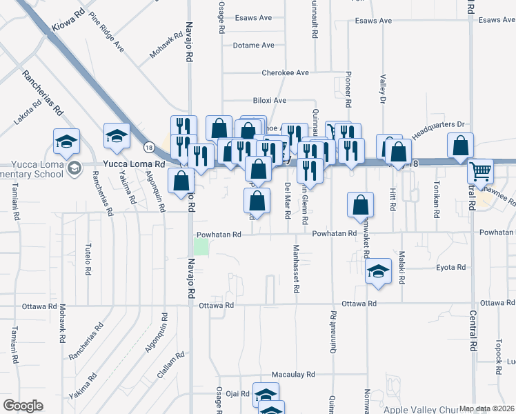 map of restaurants, bars, coffee shops, grocery stores, and more near 13631 Pawnee Road in Apple Valley