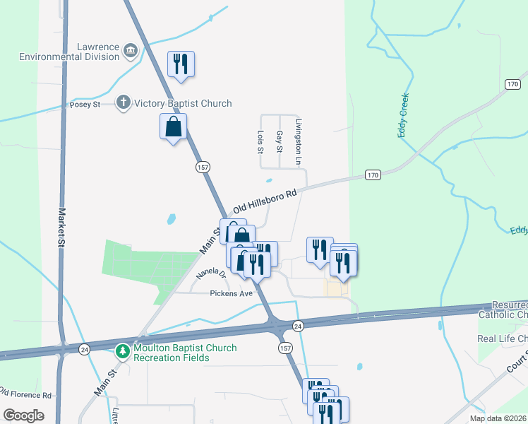 map of restaurants, bars, coffee shops, grocery stores, and more near 104 Hillsboro Road in Moulton