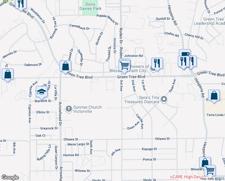 map of restaurants, bars, coffee shops, grocery stores, and more near 16465 Green Tree Boulevard in Victorville