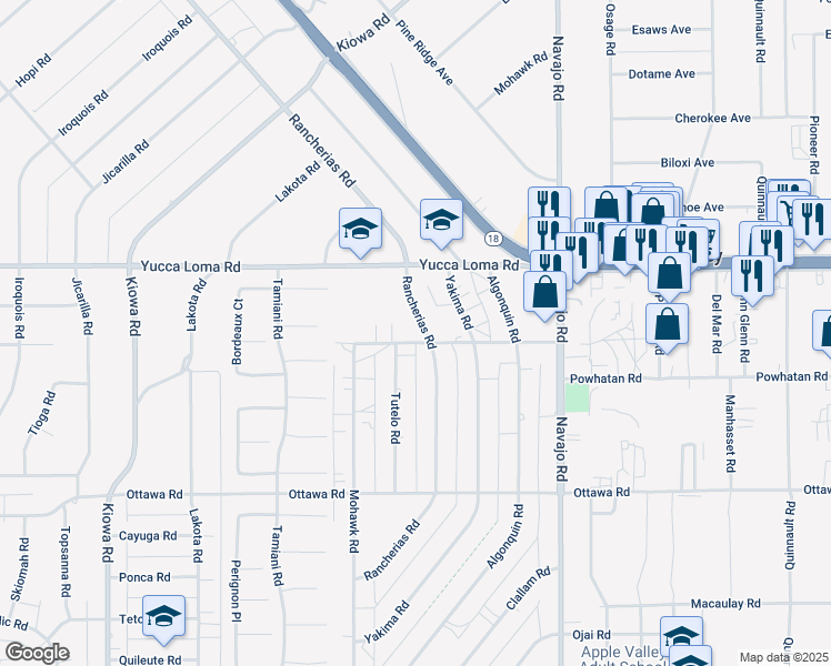 map of restaurants, bars, coffee shops, grocery stores, and more near 13548 Rancherias Road in Apple Valley