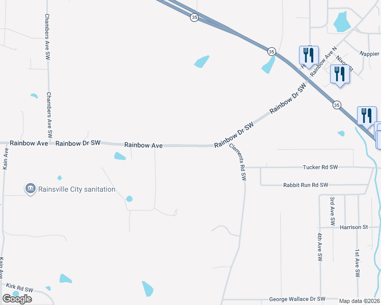 map of restaurants, bars, coffee shops, grocery stores, and more near 669 Rainbow Avenue in Rainsville