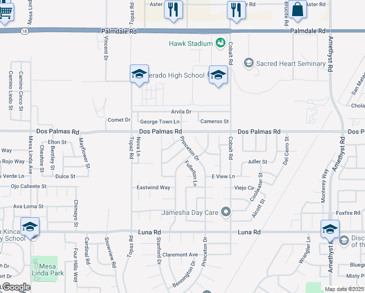 map of restaurants, bars, coffee shops, grocery stores, and more near 13668 Princeton Drive in Victorville