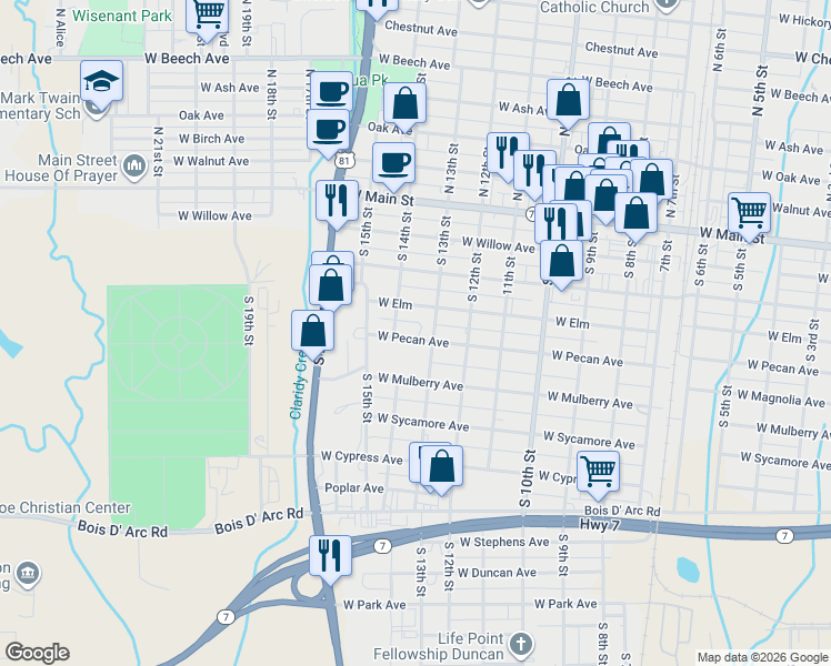 map of restaurants, bars, coffee shops, grocery stores, and more near 1307 West Pecan Avenue in Duncan