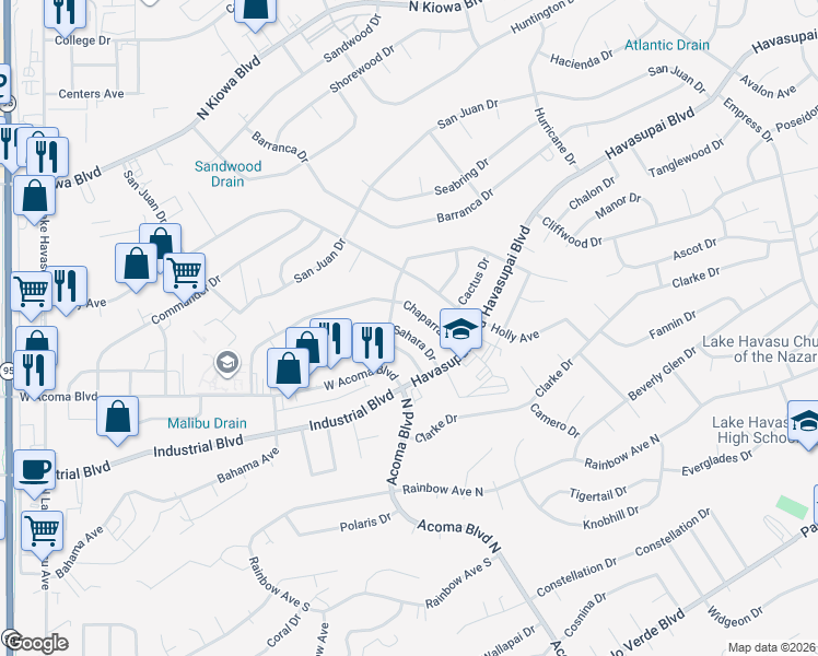 map of restaurants, bars, coffee shops, grocery stores, and more near 2250 Chaparral Drive in Lake Havasu City