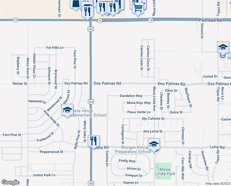 map of restaurants, bars, coffee shops, grocery stores, and more near 12242 Dandelion Way in Victorville