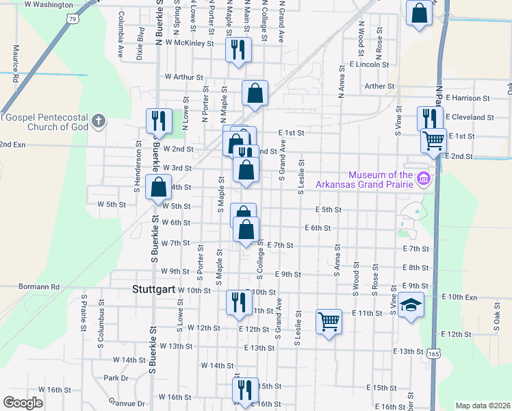 map of restaurants, bars, coffee shops, grocery stores, and more near 205 East 5th Street in Stuttgart