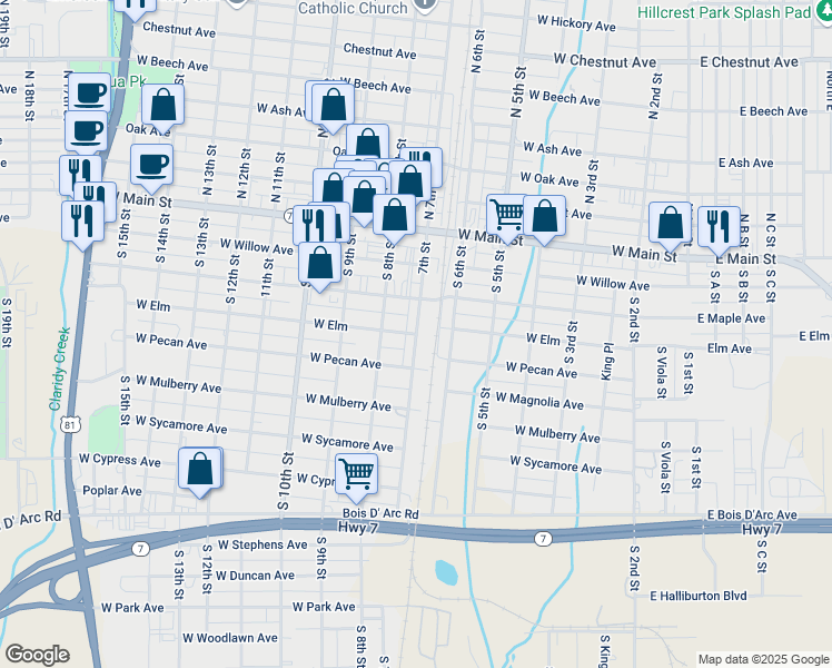 map of restaurants, bars, coffee shops, grocery stores, and more near 701 West Elm in Duncan
