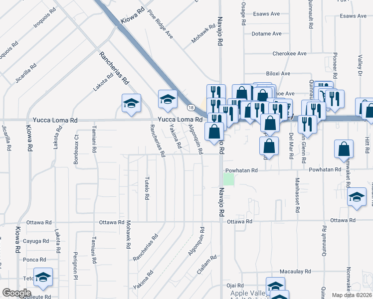 map of restaurants, bars, coffee shops, grocery stores, and more near 13581 Yakima Road in Apple Valley