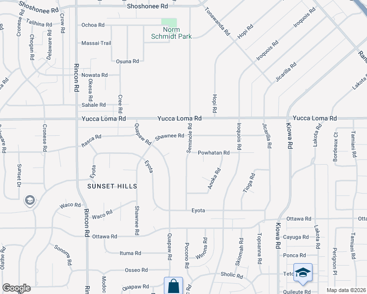 map of restaurants, bars, coffee shops, grocery stores, and more near 13586 Seminole Road in Apple Valley