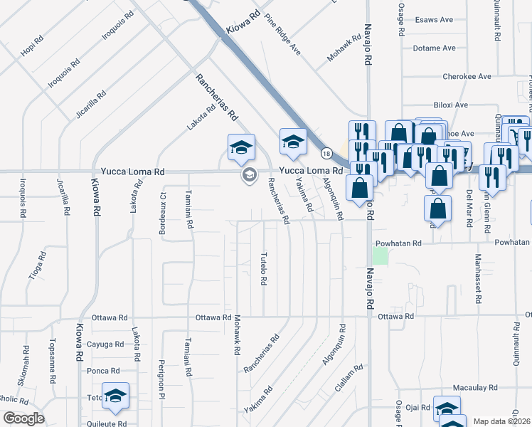 map of restaurants, bars, coffee shops, grocery stores, and more near 13584 Rancherias Road in Apple Valley