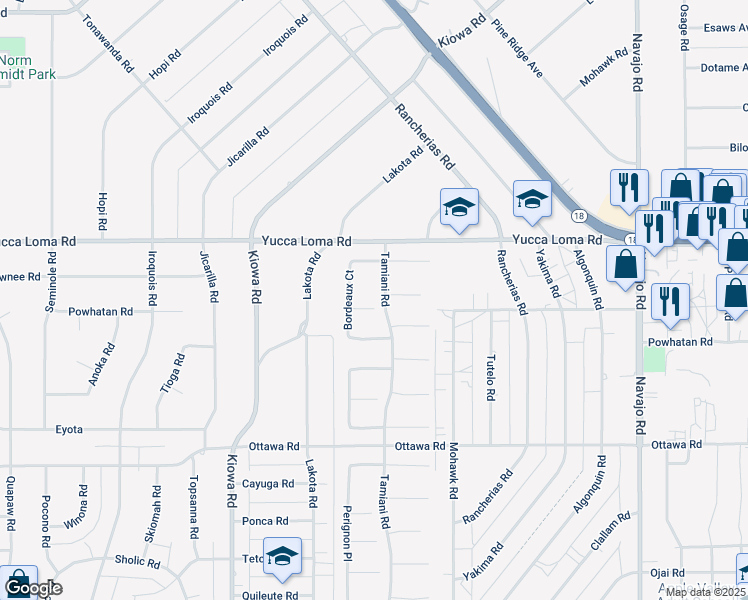 map of restaurants, bars, coffee shops, grocery stores, and more near 21196 Burgundy Way in Apple Valley