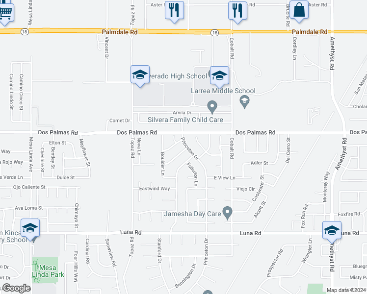 map of restaurants, bars, coffee shops, grocery stores, and more near 13668 Princeton Drive in Victorville