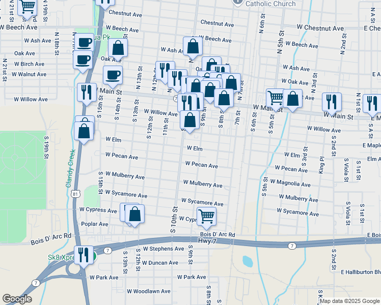 map of restaurants, bars, coffee shops, grocery stores, and more near 303 South 9th Street in Duncan