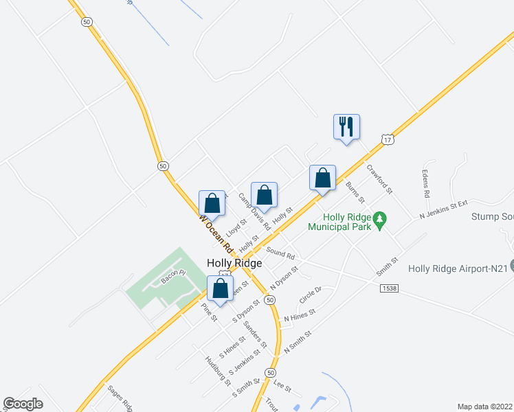map of restaurants, bars, coffee shops, grocery stores, and more near 300 Camp Davis Road in Holly Ridge
