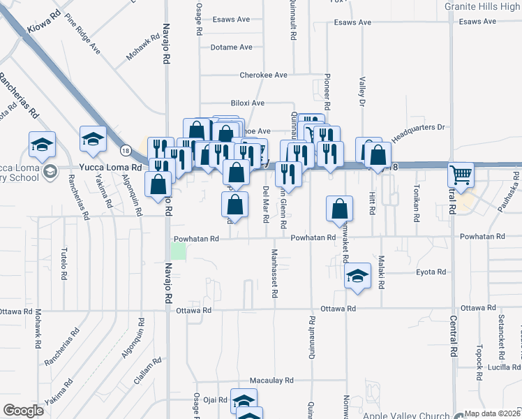 map of restaurants, bars, coffee shops, grocery stores, and more near 13533 Powhatan Court in Apple Valley