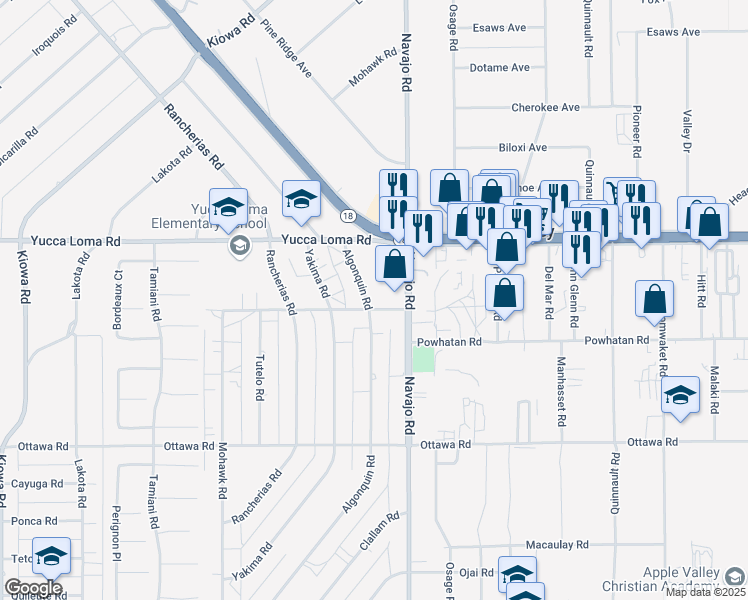 map of restaurants, bars, coffee shops, grocery stores, and more near 13583 Algonquin Road in Apple Valley