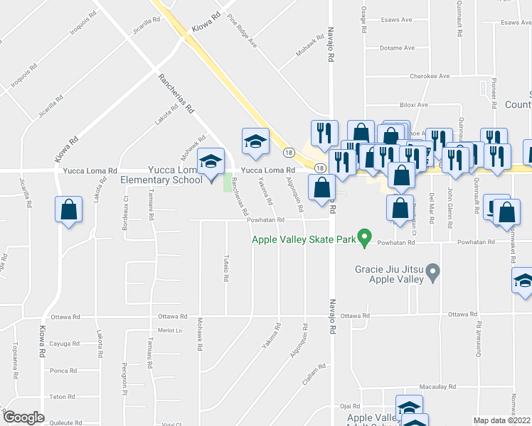 map of restaurants, bars, coffee shops, grocery stores, and more near 13601 Yakima Road in Apple Valley