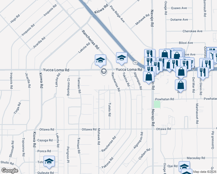 map of restaurants, bars, coffee shops, grocery stores, and more near 13584 Rancherias Road in Apple Valley