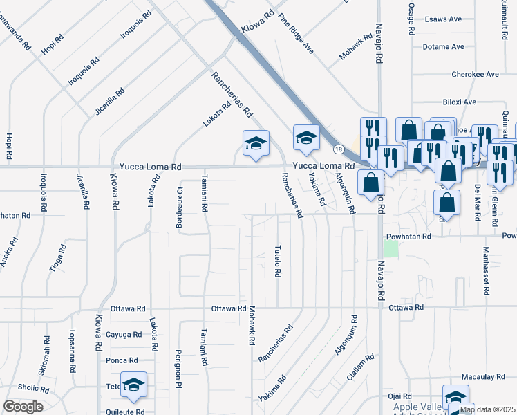 map of restaurants, bars, coffee shops, grocery stores, and more near 21354 Powhatan Road in Apple Valley