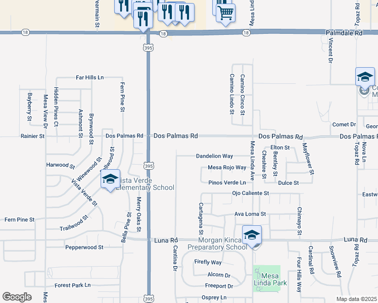 map of restaurants, bars, coffee shops, grocery stores, and more near 12242 Dandelion Way in Victorville