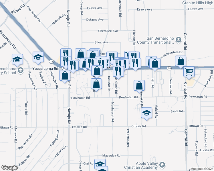map of restaurants, bars, coffee shops, grocery stores, and more near Del Mar Road in Apple Valley