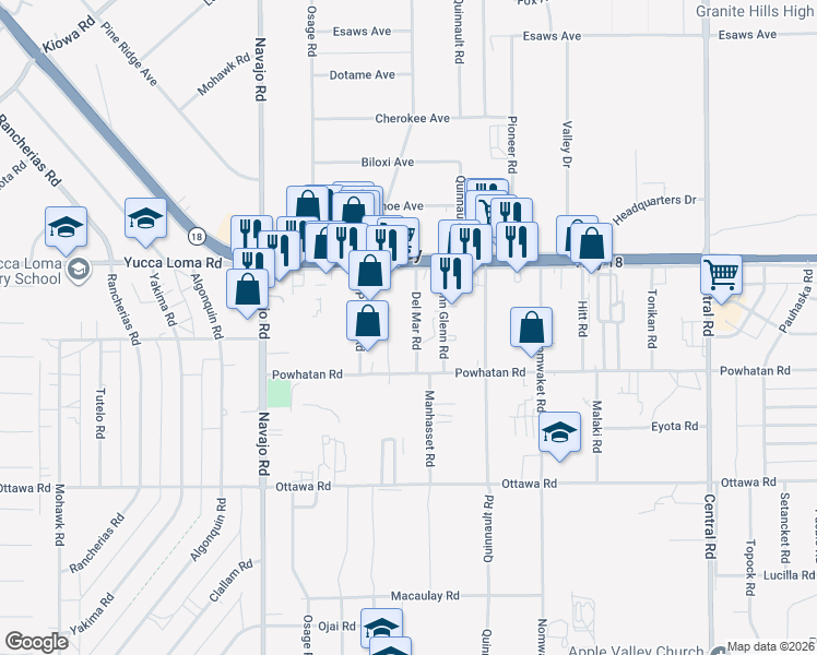 map of restaurants, bars, coffee shops, grocery stores, and more near 13533 Powhatan Court in Apple Valley