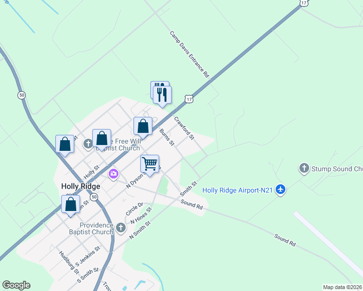 map of restaurants, bars, coffee shops, grocery stores, and more near 510 North Dyson Street in Holly Ridge
