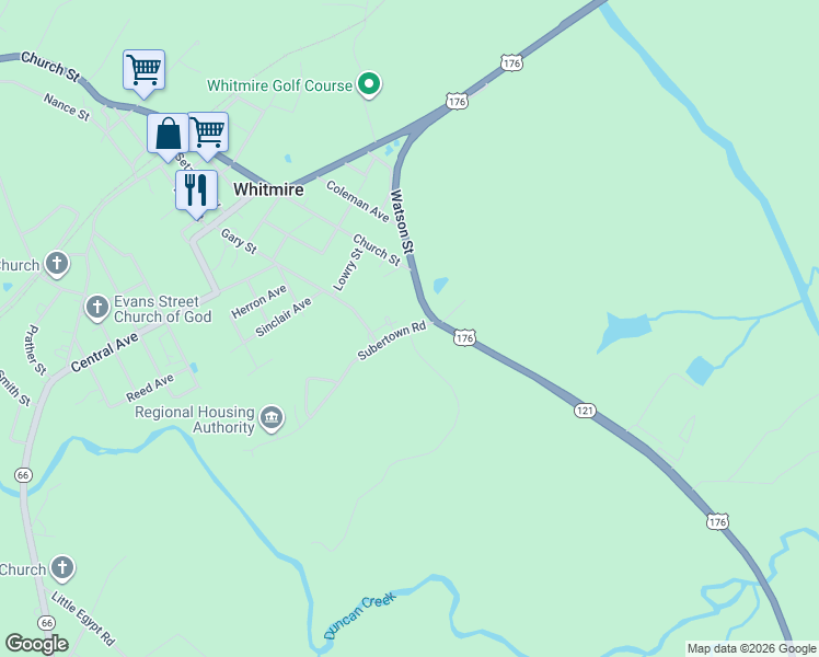 map of restaurants, bars, coffee shops, grocery stores, and more near 25773 South Carolina 121 in Whitmire