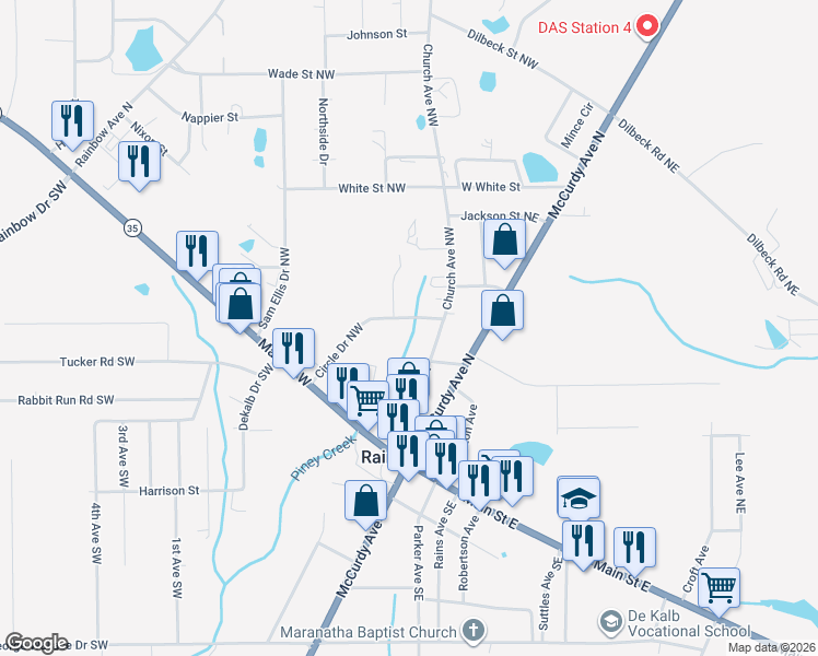 map of restaurants, bars, coffee shops, grocery stores, and more near 227 Circle Drive Northwest in Rainsville