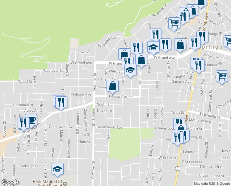 map of restaurants, bars, coffee shops, grocery stores, and more near 409 6th Street in Hot Springs