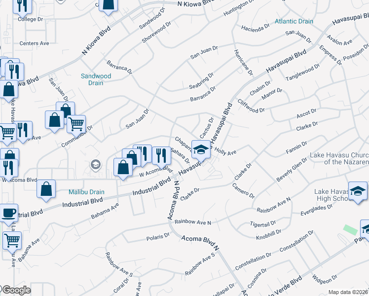 map of restaurants, bars, coffee shops, grocery stores, and more near 2250 Chaparral Drive in Lake Havasu City