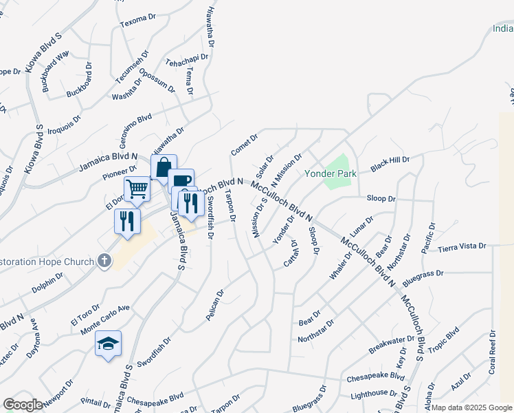 map of restaurants, bars, coffee shops, grocery stores, and more near 3787 Mission Drive South in Lake Havasu City