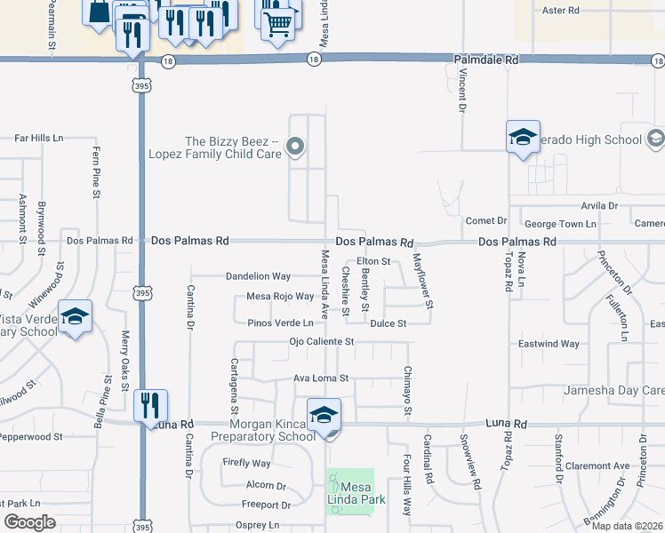 map of restaurants, bars, coffee shops, grocery stores, and more near 13647 Mesa Linda Avenue in Victorville