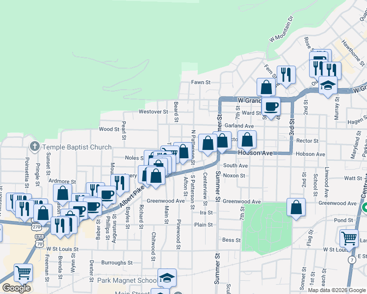 map of restaurants, bars, coffee shops, grocery stores, and more near 1218 Hobson Avenue in Hot Springs