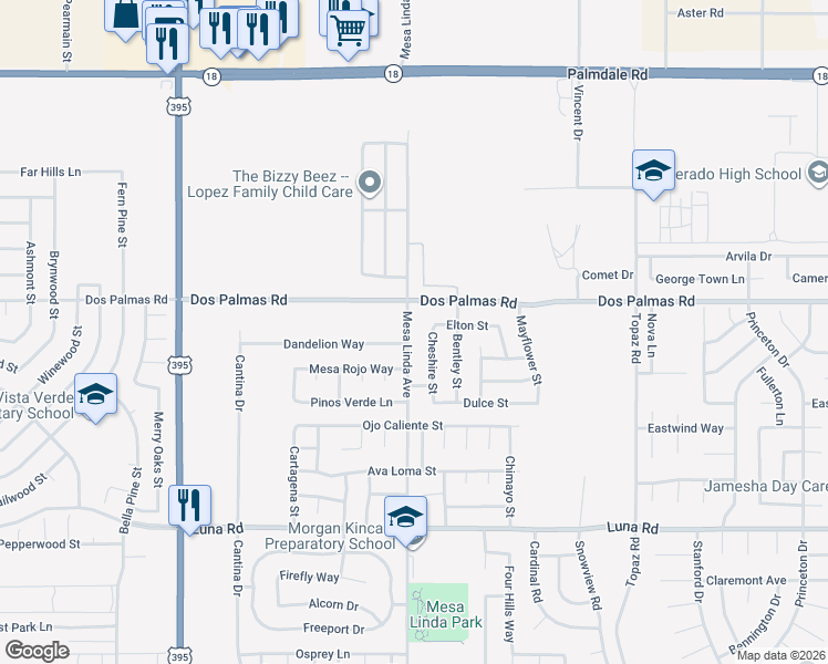 map of restaurants, bars, coffee shops, grocery stores, and more near 13647 Mesa Linda Avenue in Victorville