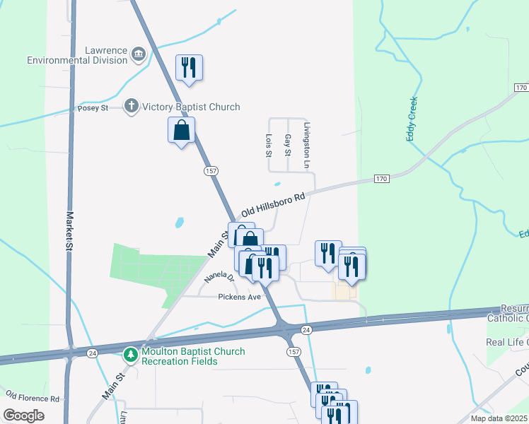 map of restaurants, bars, coffee shops, grocery stores, and more near 104 Hillsboro Road in Moulton