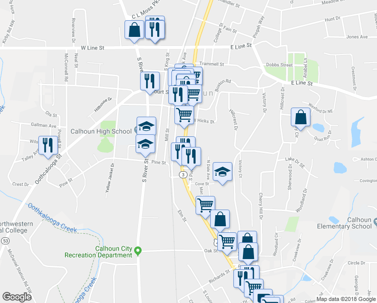 map of restaurants, bars, coffee shops, grocery stores, and more near 330 South Wall Street in Calhoun