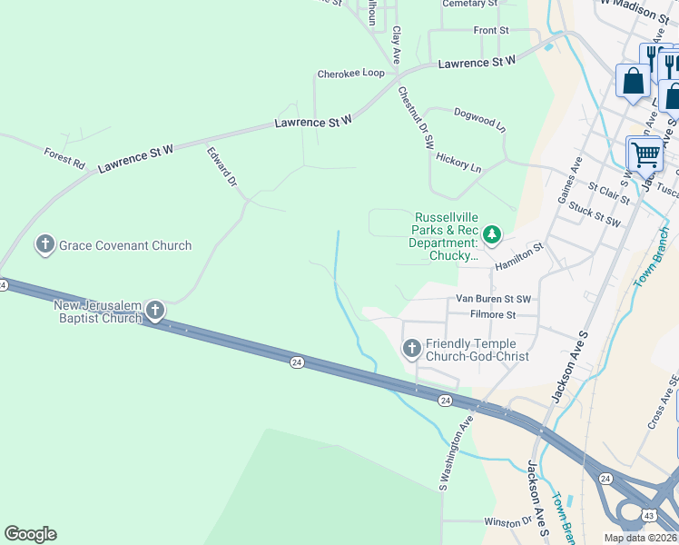 map of restaurants, bars, coffee shops, grocery stores, and more near 734 West Filmore Street in Russellville