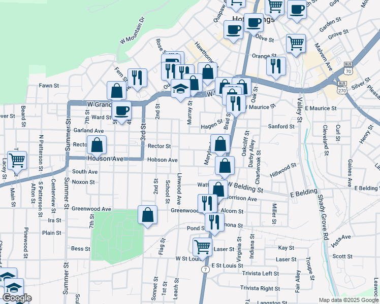 map of restaurants, bars, coffee shops, grocery stores, and more near 117 Kenwood Street in Hot Springs