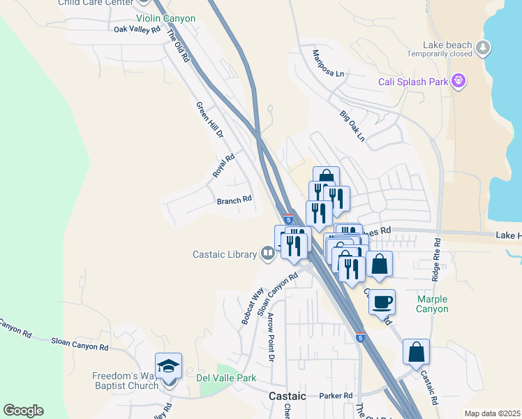 map of restaurants, bars, coffee shops, grocery stores, and more near 31906 Green Hill Drive in Castaic