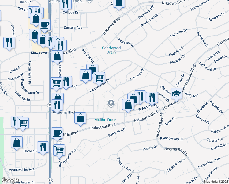 map of restaurants, bars, coffee shops, grocery stores, and more near 2034 San Juan Drive in Lake Havasu City